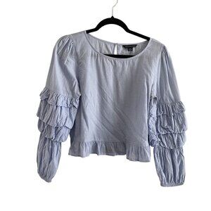 American Eagle Outfitters Women M Blue Striped Coastal Ruffle Long Sleeve Blouse
